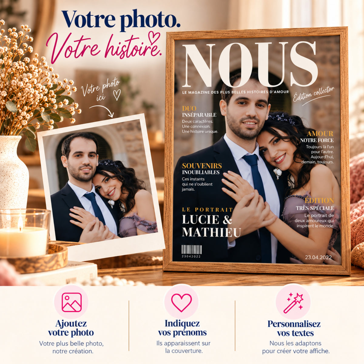 Photo de couple transformée en couverture de magazine NOUS avec prénoms et textes personnalisés