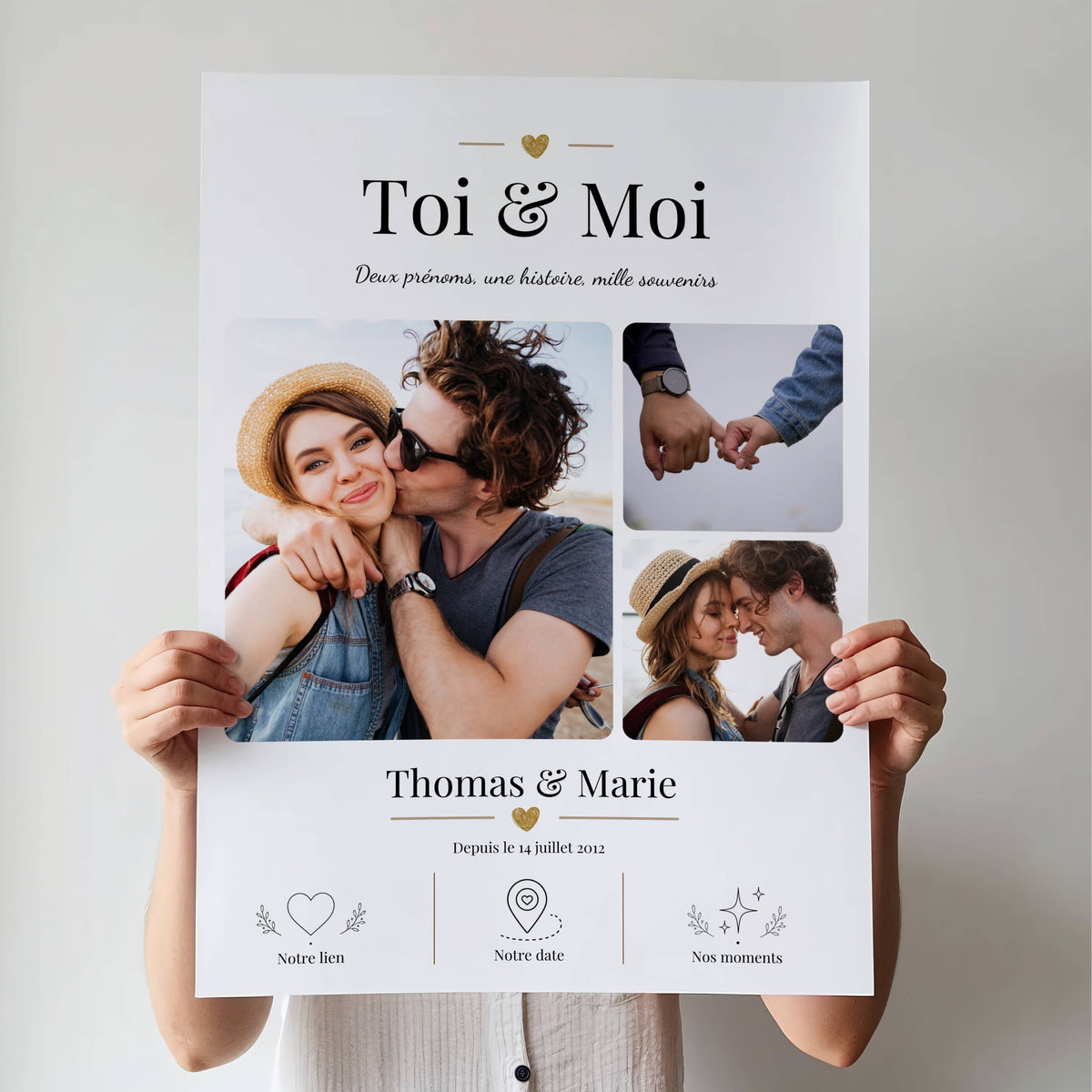 Affiche couple personnalisée Toi & Moi avec trois photos, prénoms T et date de rencontre.
