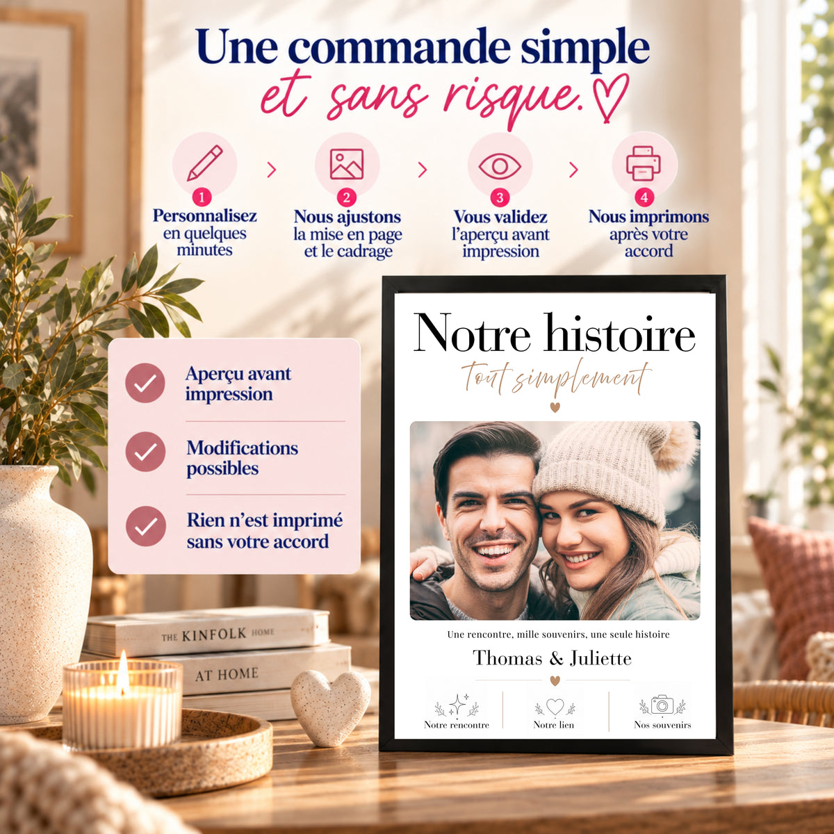 Exemple de personnalisation d’une affiche couple avec photo personnelle, prénoms et textes au choix.