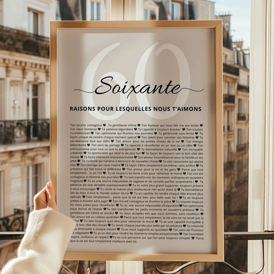 Affiche 60 ans personnalisée – 60 raisons pour lesquelles nous t’aimons
