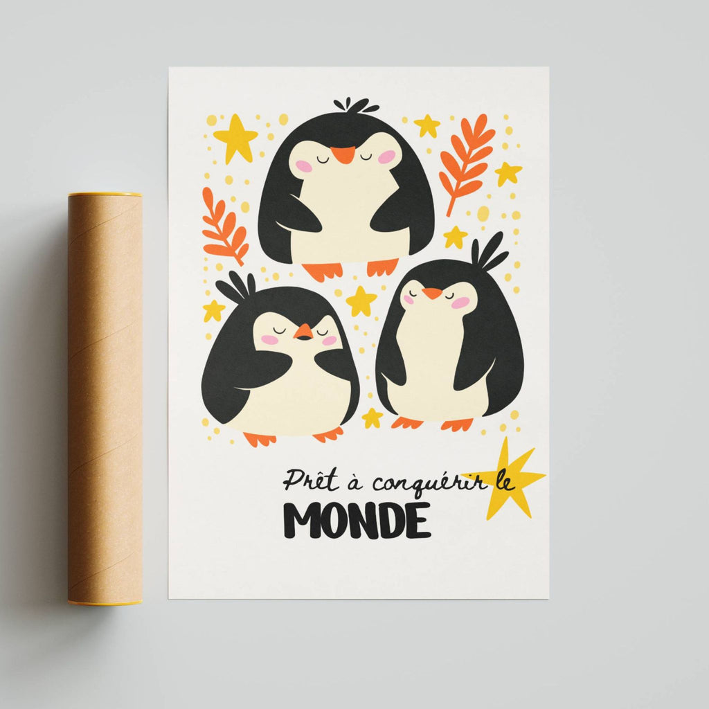 Affiche chambre enfant pingouins – couleurs vives