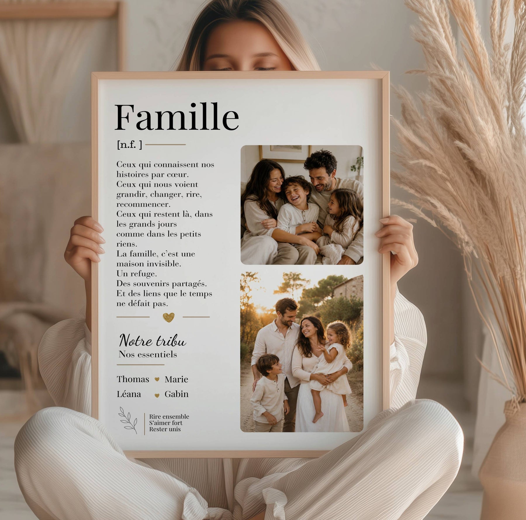 affiche famille personnalisée avec photos et prénoms, cadeau déco chaleureux à offrir.