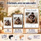 Affiche photo famille disponible en A4, 30 × 40 cm et 45 × 60 cm, avec cadres noir, blanc ou bois clair