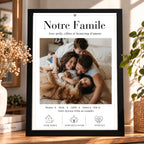 Affiche photo de famille personnalisée avec prénoms, présentée dans un cadre noir au sein d'une décoration chaleureuse