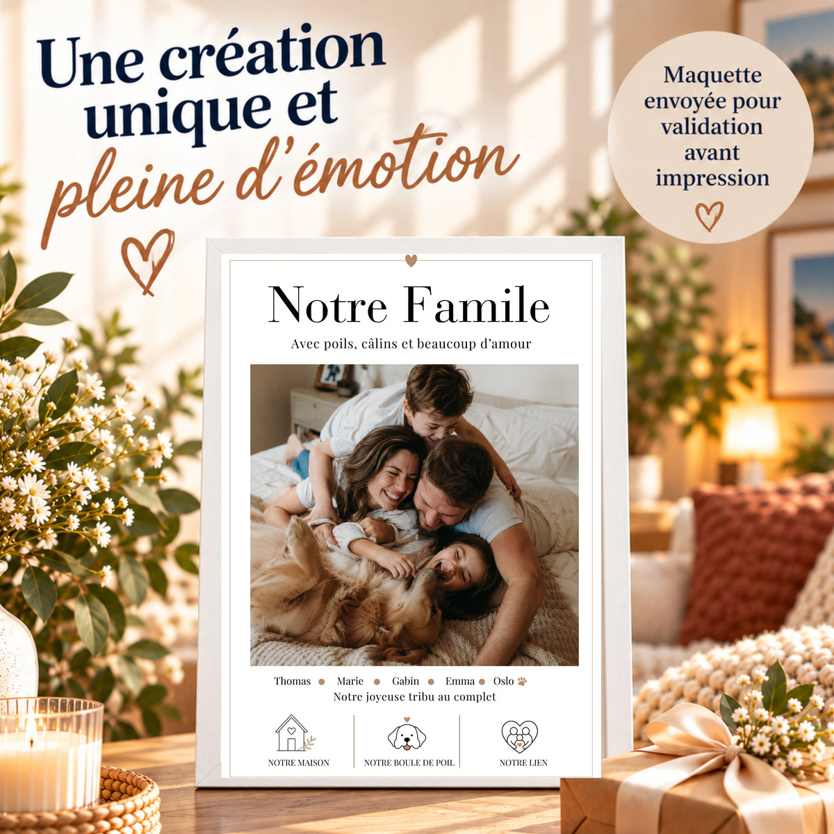 Affiche famille personnalisée dans un cadre blanc, avec maquette envoyée pour validation avant impression