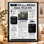Journal anniversaire personnalisé pour les 50 ans d'un homme, présenté dans un cadre noir sur un meuble en bois.