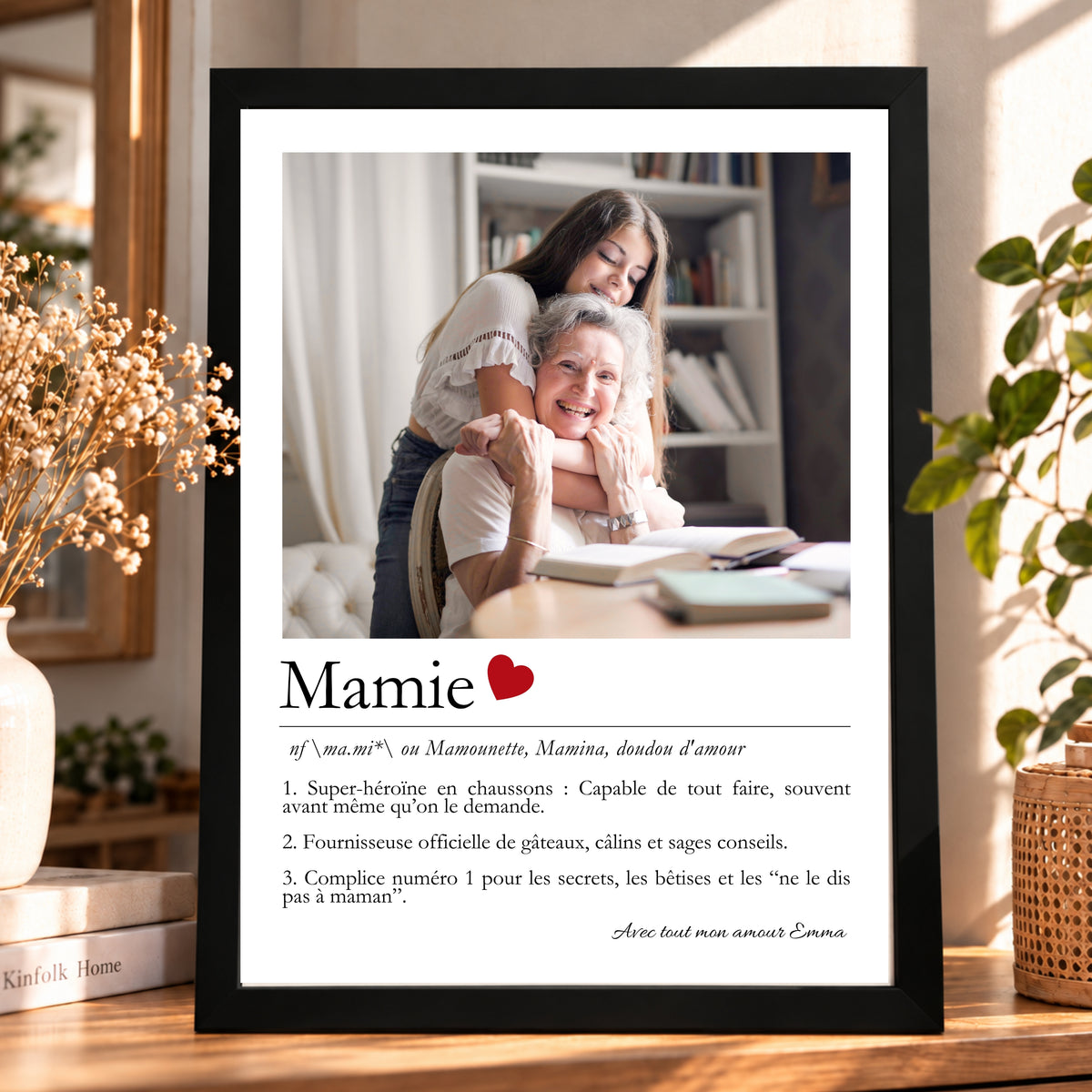 Affiche cadeau pour mamie avec photo de sa petite-fille, définition personnalisée et cadre noir