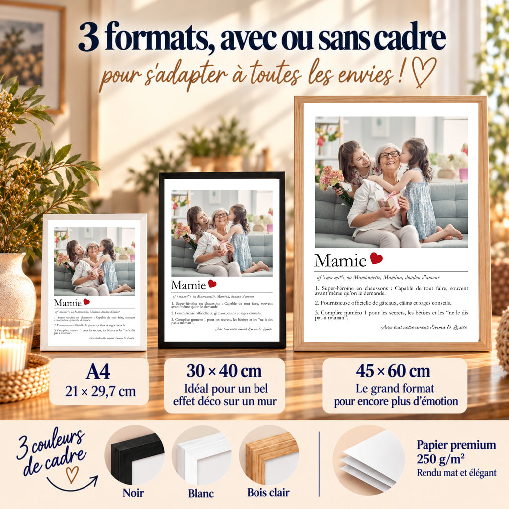 Affiche cadeau mamie disponible en A4, 30 × 40 cm et 45 × 60 cm, avec cadres noir, blanc ou bois clair et papier premium