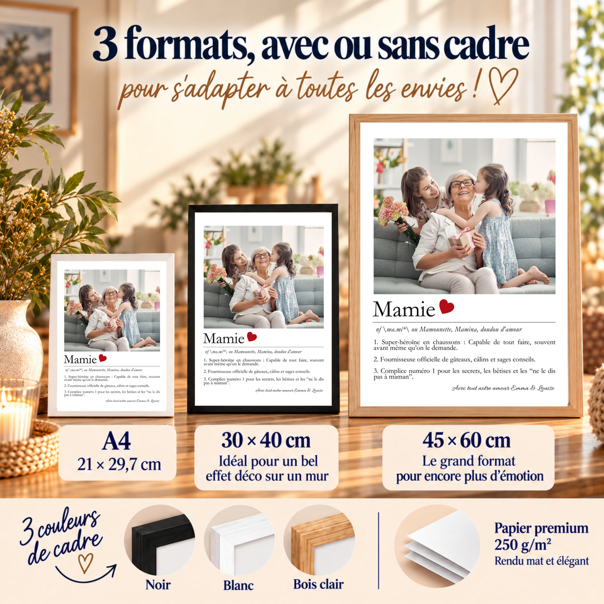 Affiche cadeau mamie disponible en A4, 30 × 40 cm et 45 × 60 cm, avec cadres noir, blanc ou bois clair et papier premium