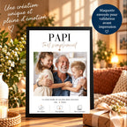 Affiche personnalisée grand-père Papi tout simplement avec photo de famille, cadre noir et rappel de la maquette envoyée pour validation avant impression.
