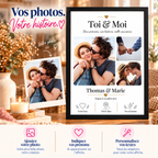 Exemple d'affiche couple Toi & Moi avec photo d'origine, prénoms personnalisables et textes adaptés à leur histoire.