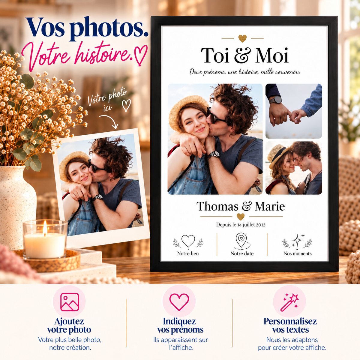 Exemple d'affiche couple Toi & Moi avec photo d'origine, prénoms personnalisables et textes adaptés à leur histoire.