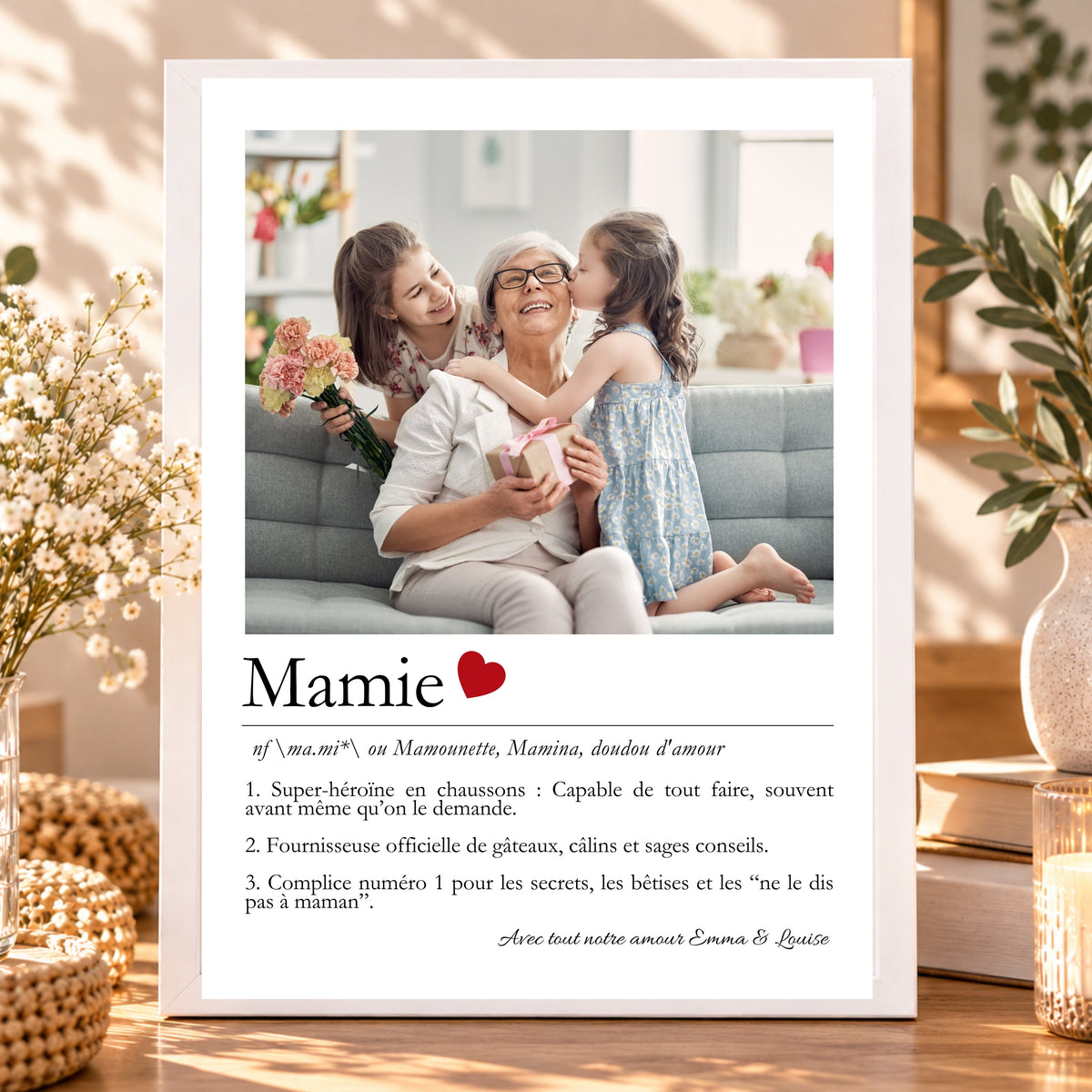 Affiche Mamie avec photo de sa grand-mère et de ses deux petites-filles, texte personnalisé et cadre blanc