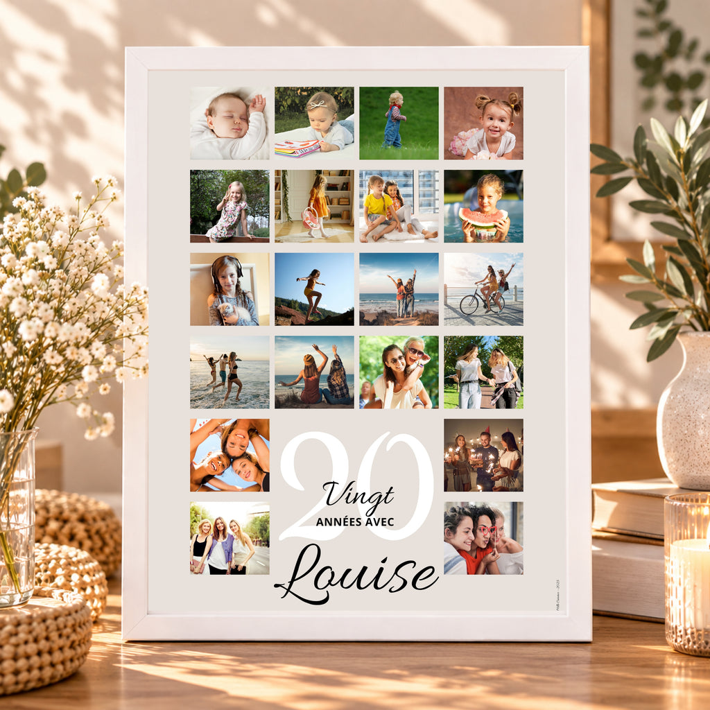 Affiche anniversaire 20 ans avec collage de photos souvenirs et prénom, dans un cadre blanc posé dans un intérieur lumineux.