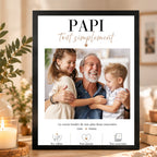 Affiche photo papi personnalisée avec photo et prénoms des petits-enfants, présentée dans un cadre noir sur un meuble.