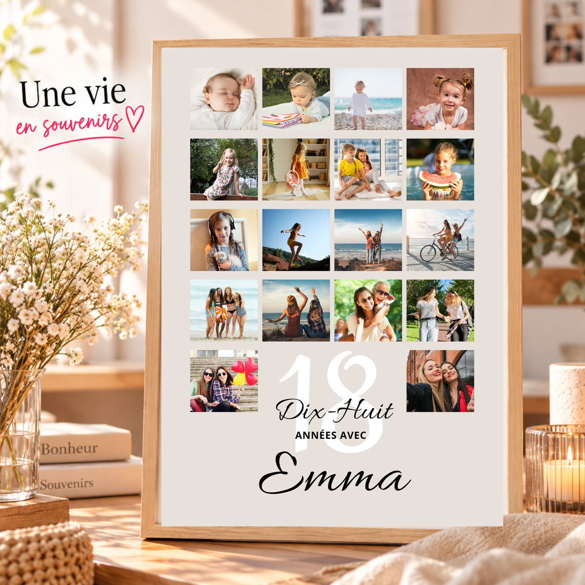 Affiche photo anniversaire 18 ans dans un cadre en bois clair, posée dans un intérieur chaleureux avec fleurs et bougie.