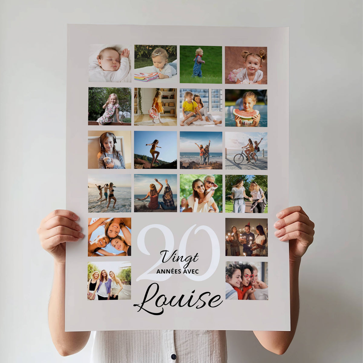 Affiche anniversaire 20 ans personnalisée avec les photos souvenirs et le prénom Louise, sur fond beige.