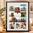Affiche anniversaire personnalisée avec photos souvenirs et prénom, présentée dans un cadre noir au sein d'un intérieur chaleureux.