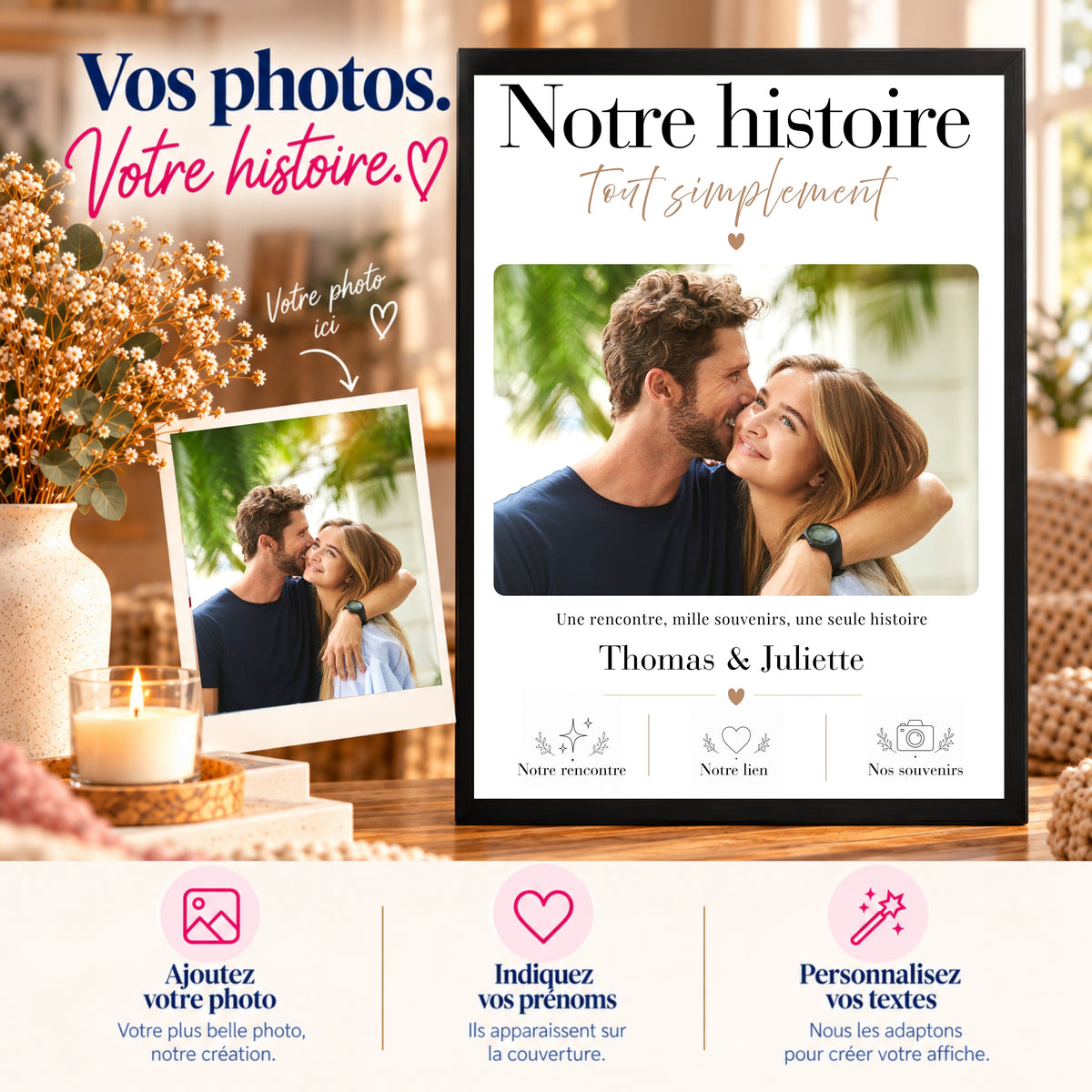 Exemple de personnalisation d’une affiche couple avec photo personnelle, prénoms et textes au choix.