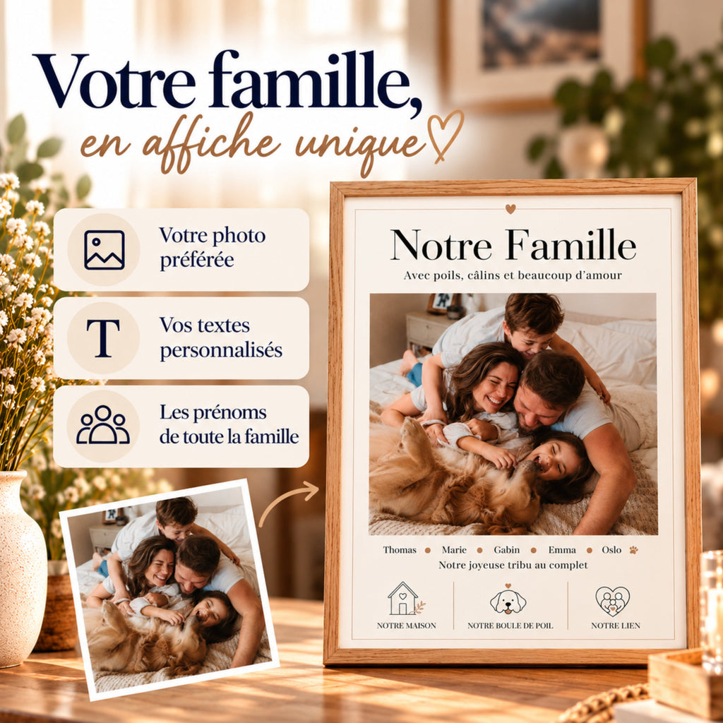 Affiche famille personnalisable avec photo, prénoms et messages, présentée dans un cadre en bois clair