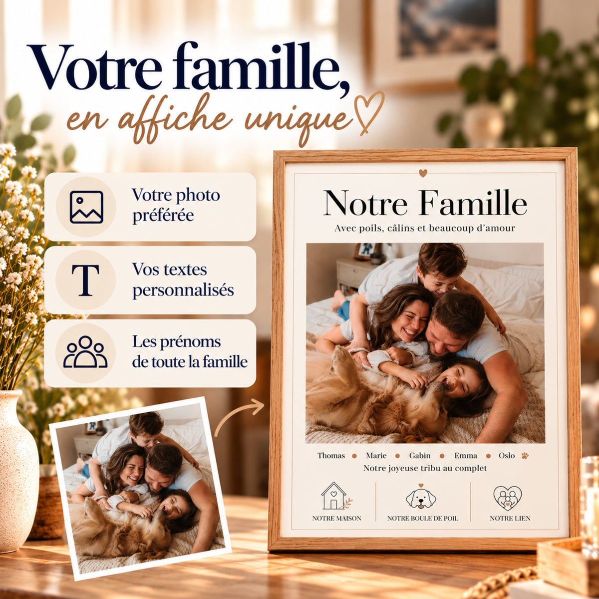 Affiche famille personnalisable avec photo, prénoms et messages, présentée dans un cadre en bois clair