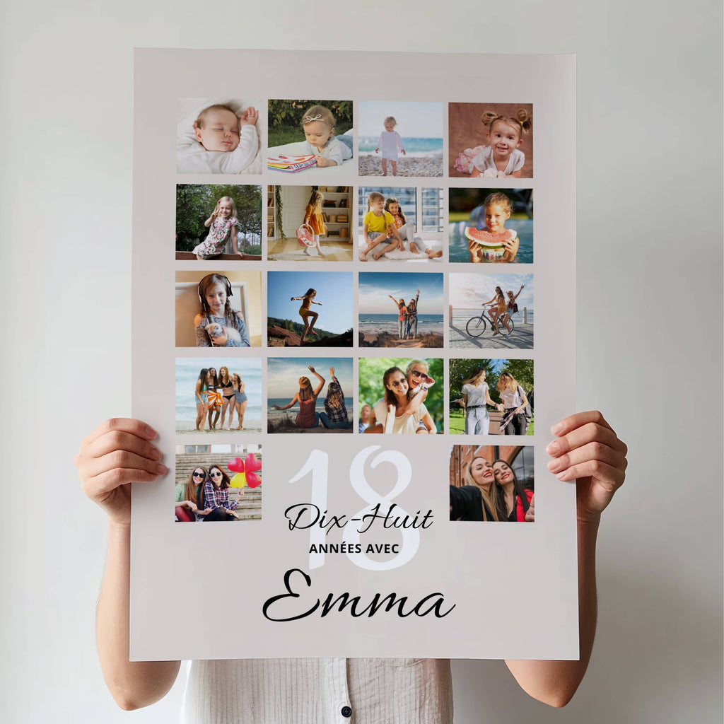 Affiche anniversaire 18 ans personnalisée avec 18 photos souvenirs, prénom Emma et texte Dix-Huit années avec.