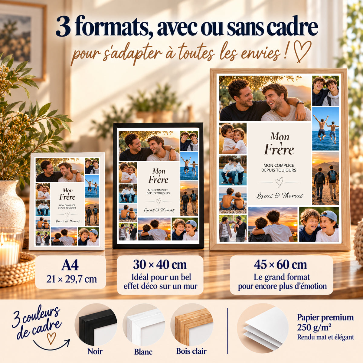 Affiche photo personnalisée Mon Frère en trois formats A4, 30×40 et 45×60 cm, avec cadres noir, blanc ou bois clair et papier 250 g/m².