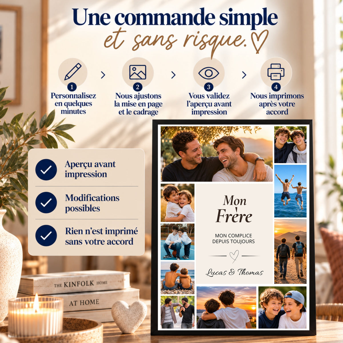Étapes de création d'une affiche photo personnalisée : personnalisation, ajustement de la mise en page, validation de la maquette puis impression.