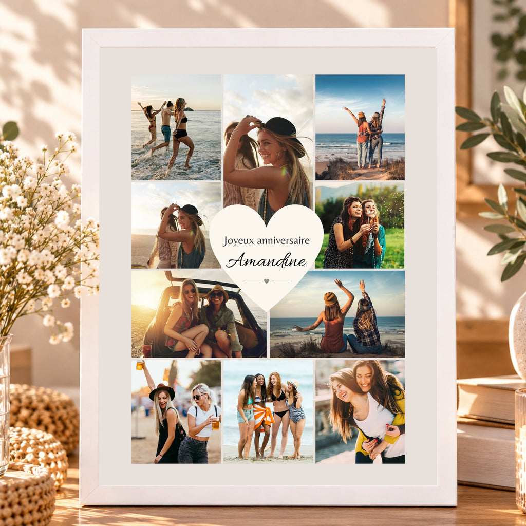 Affiche photo personnalisée pour l'anniversaire d'une amie, présentée dans un cadre blanc avec collage de souvenirs et prénom.