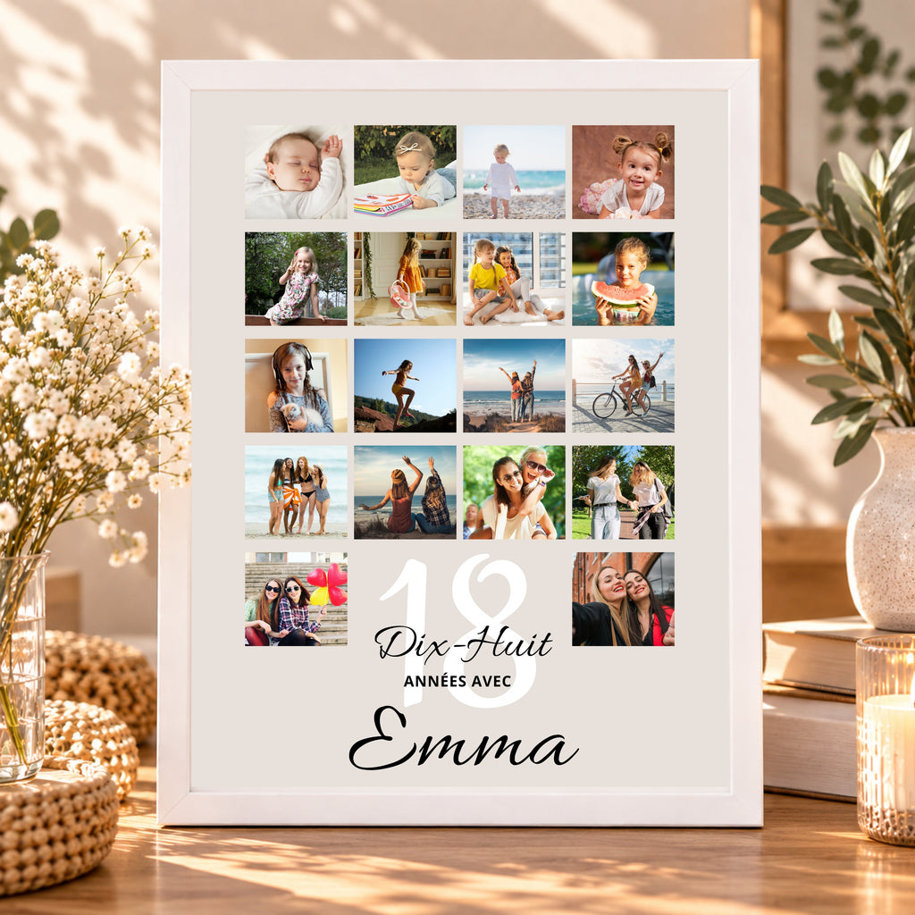 Affiche photo personnalisée 18 ans dans un cadre blanc, posée sur un meuble en bois avec fleurs blanches et décoration naturelle.