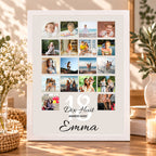 Affiche photo personnalisée 18 ans dans un cadre blanc, posée sur un meuble en bois avec fleurs blanches et décoration naturelle.