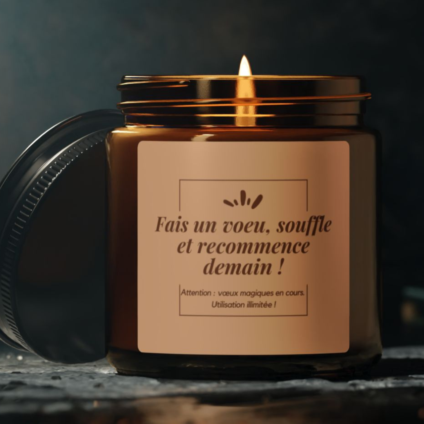 Gros plan sur la bougie 'Fais un Vœu' avec une finition épurée et raffinée.