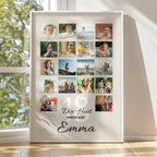 Cadeau anniversaire 18 ans fille : affiche personnalisée avec 18 photos souvenirs et prénom, dans un cadre blanc près d'une fenêtre.