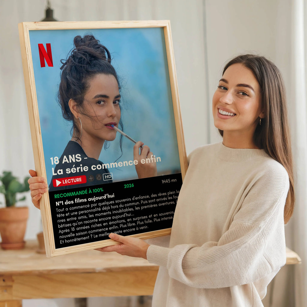 Idée cadeau 18 ans originale avec affiche personnalisée inspirée de Netflix et design moderne premium.