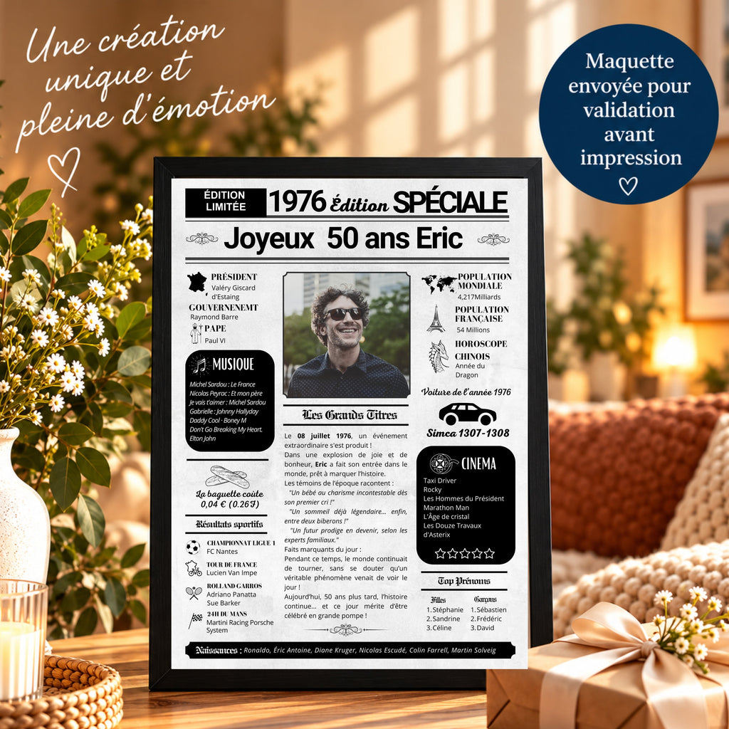 Journal anniversaire 50 ans homme personnalisé avec photo et événements de 1976, présenté dans un cadre noir avec maquette avant impression