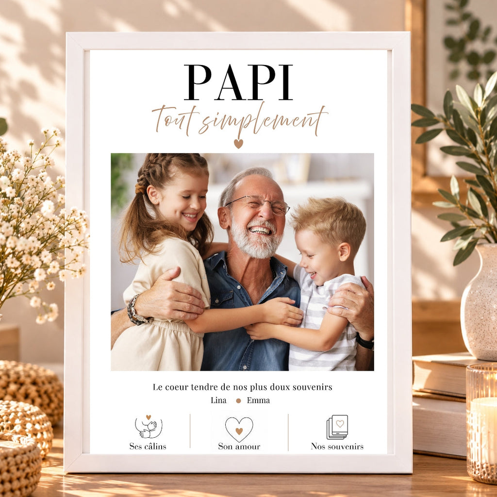 Cadeau papi avec photo de grand-père et ses petits-enfants, affiche personnalisée Papi tout simplement dans un cadre blanc.