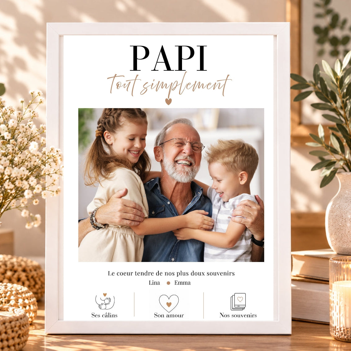 Cadeau papi avec photo de grand-père et ses petits-enfants, affiche personnalisée Papi tout simplement dans un cadre blanc.
