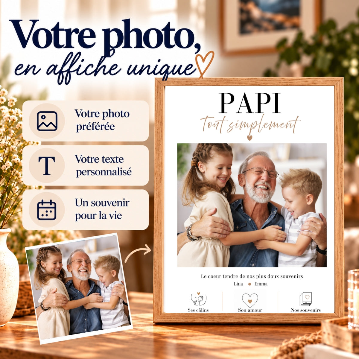 Cadeau papi personnalisé avec photo : portrait de papi et ses petits-enfants transformé en affiche Papi tout simplement avec texte et prénoms.