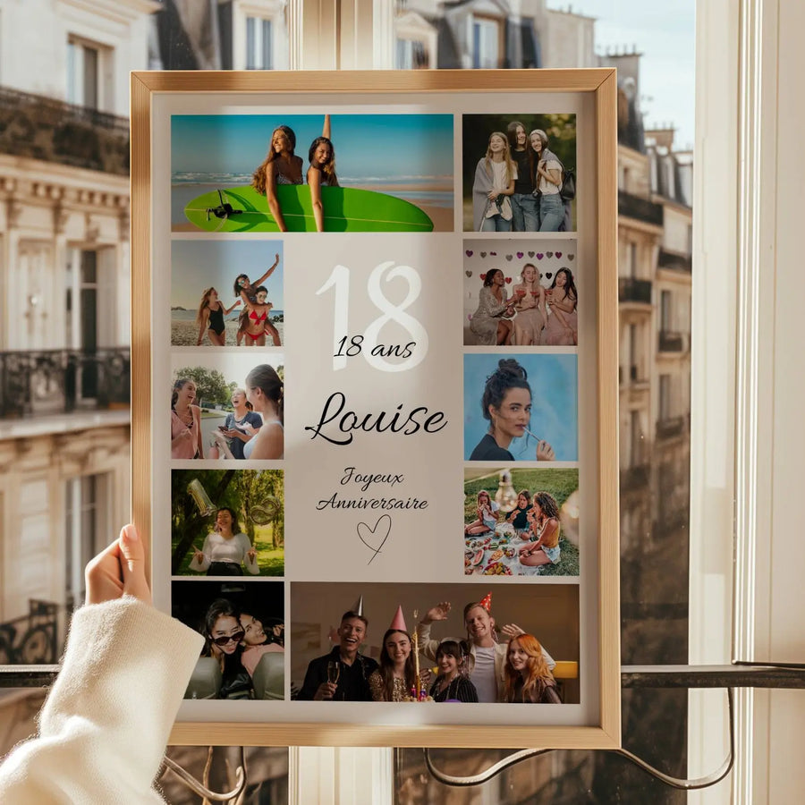 Affiche anniversaire 18 ans personnalisée avec photos et prénom, cadeau original et souvenir unique pour célébrer la majorité