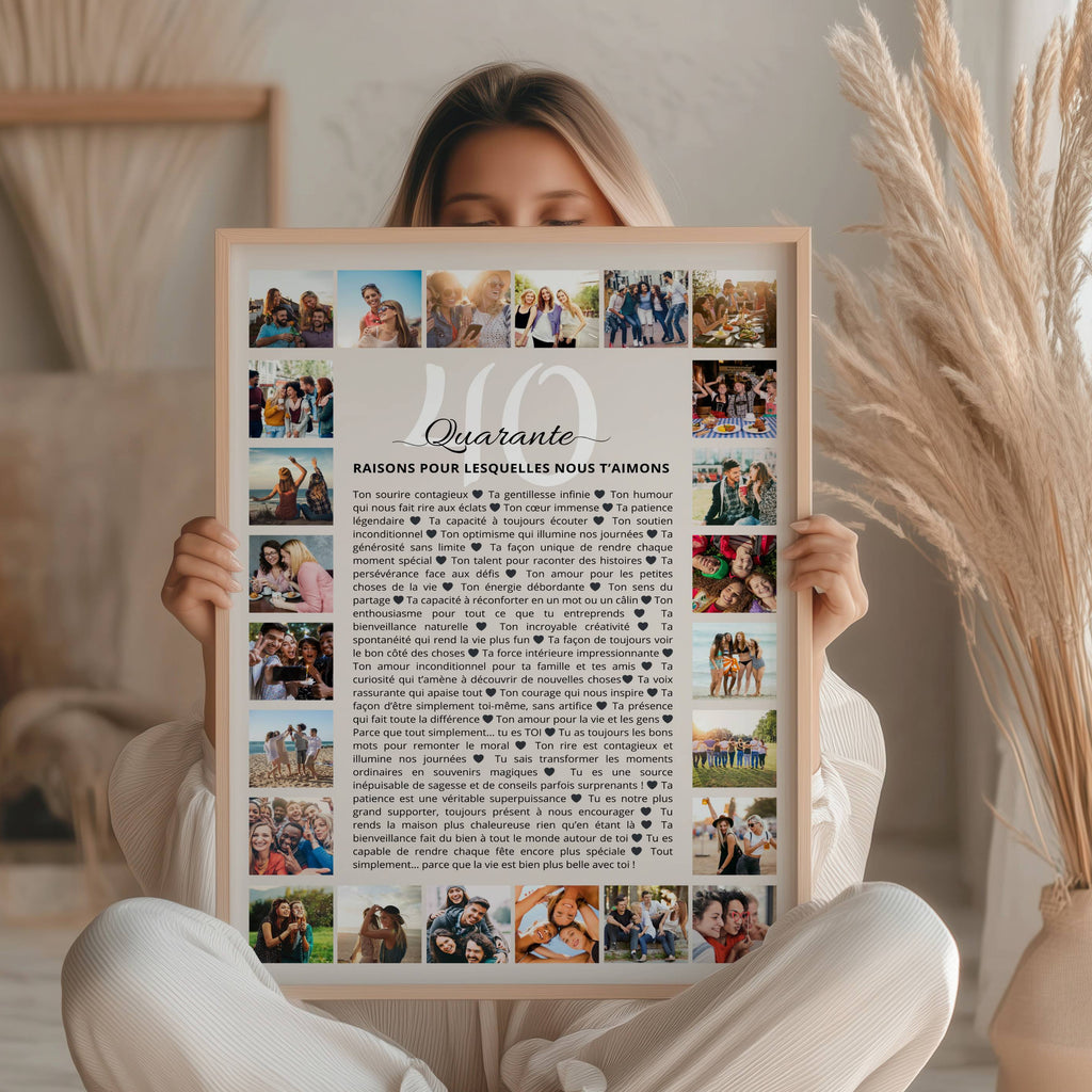 Cadeau 40 ans femme : affiche personnalisée 30 raisons avec photos, souvenir unique et émouvant.