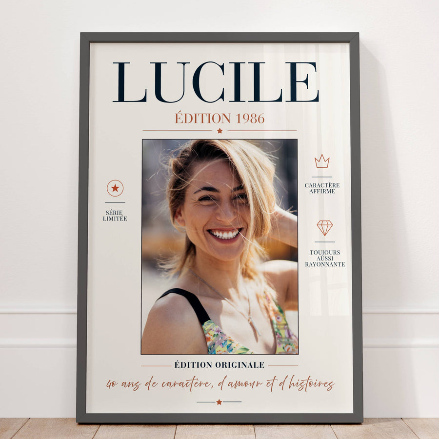 Cadeau 40 ans femme personnalisé avec photo, affiche Édition originale avec prénom et année de naissance
