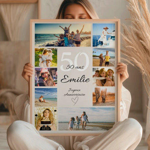 Affiche 50 ans personnalisée pour femme avec photos, idée cadeau original et souvenir d’anniversaire inoubliable