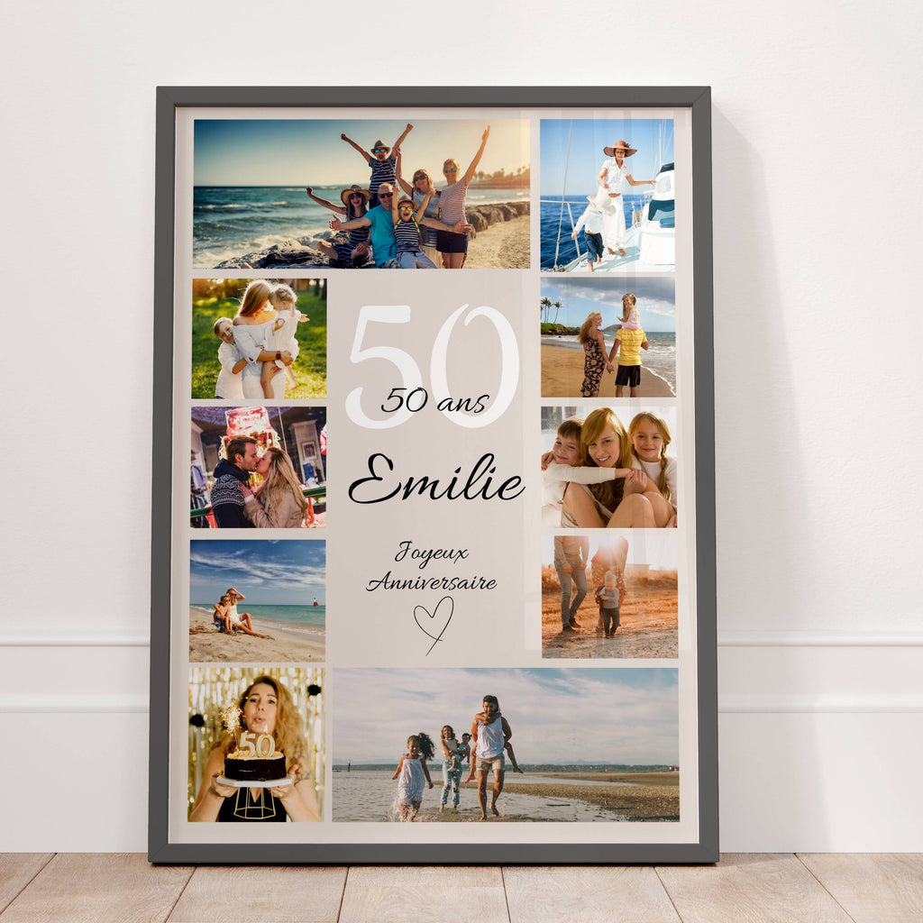 Cadeau 50 ans personnalisé avec photos – affiche anniversaire élégante pour femme ou homme, souvenir unique et émotionnel