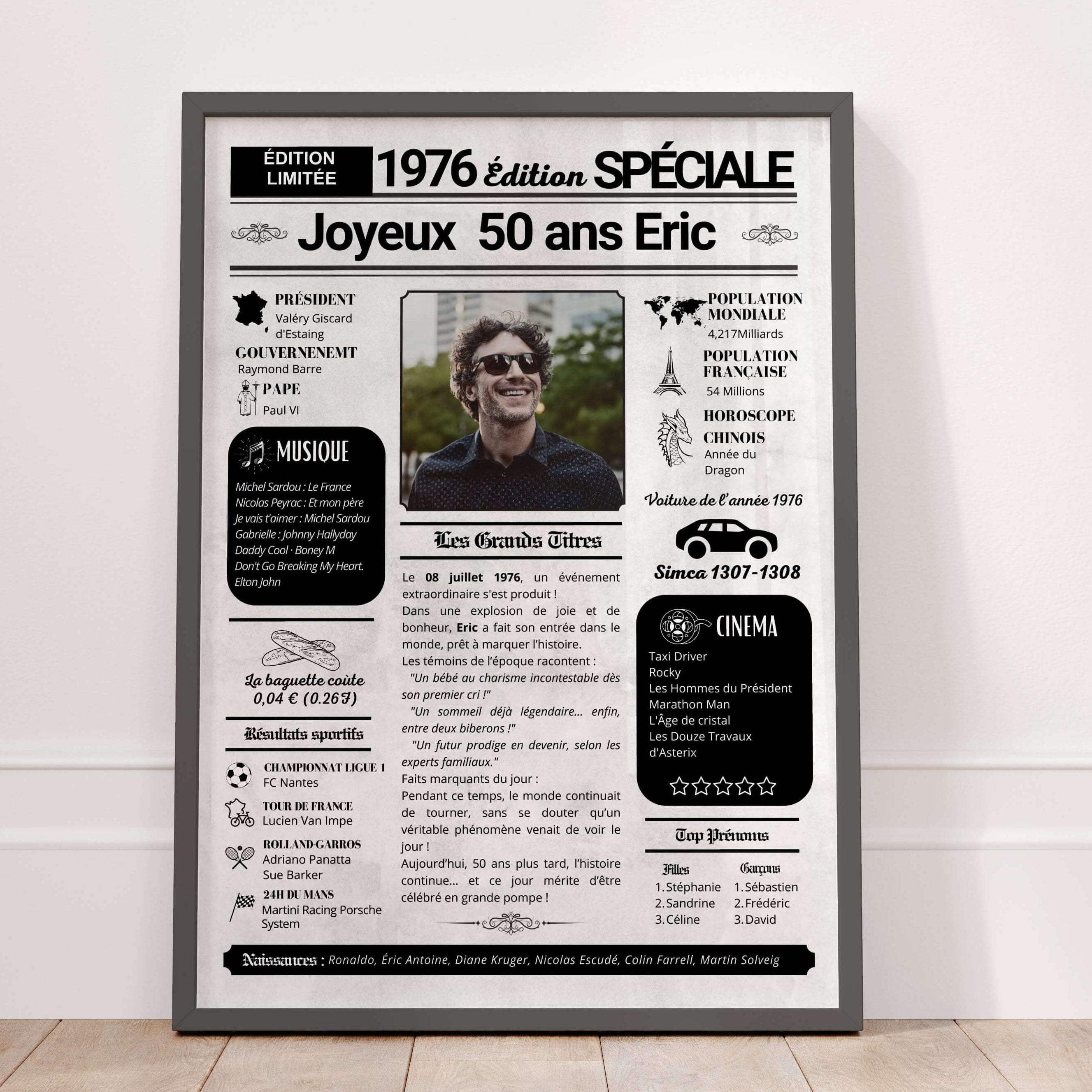 Affiche journal de l’année 1976 personnalisée pour anniversaire 50 ans avec photo et texte