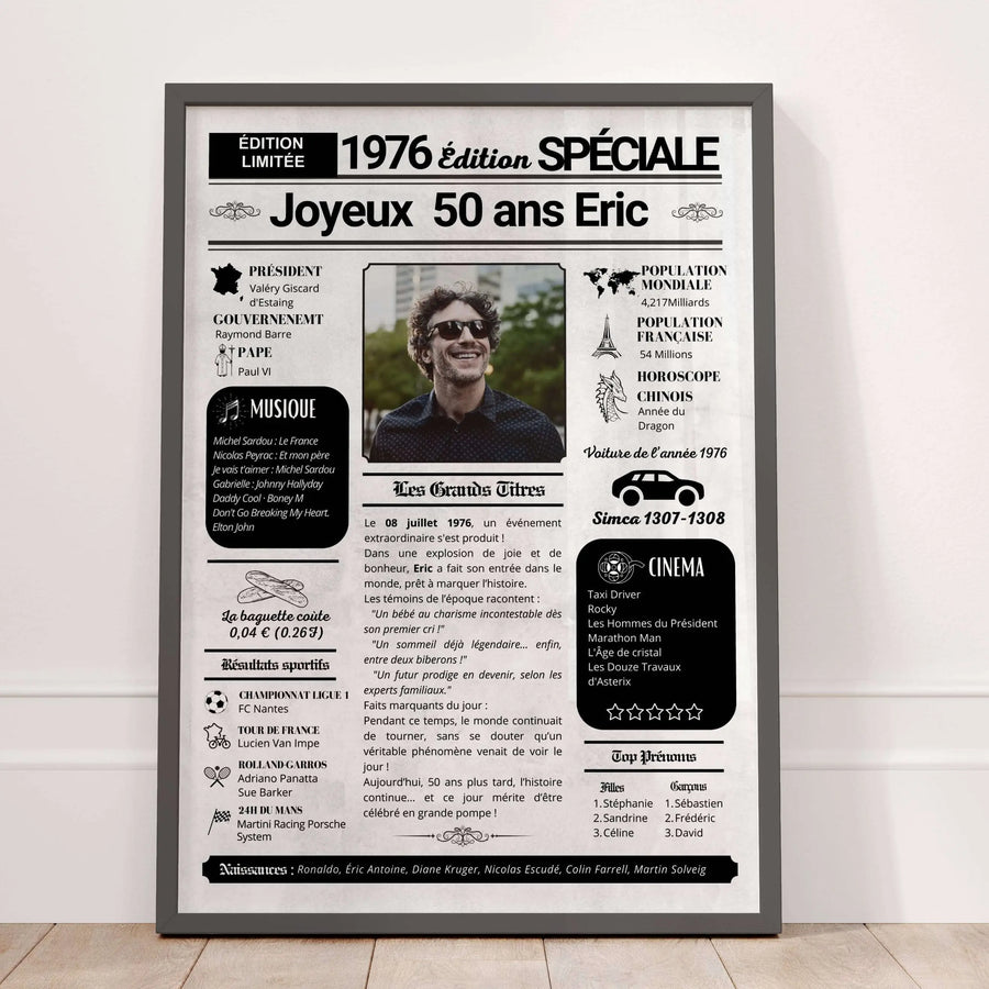 Affiche journal de l’année 1976 personnalisée pour anniversaire 50 ans avec photo et texte