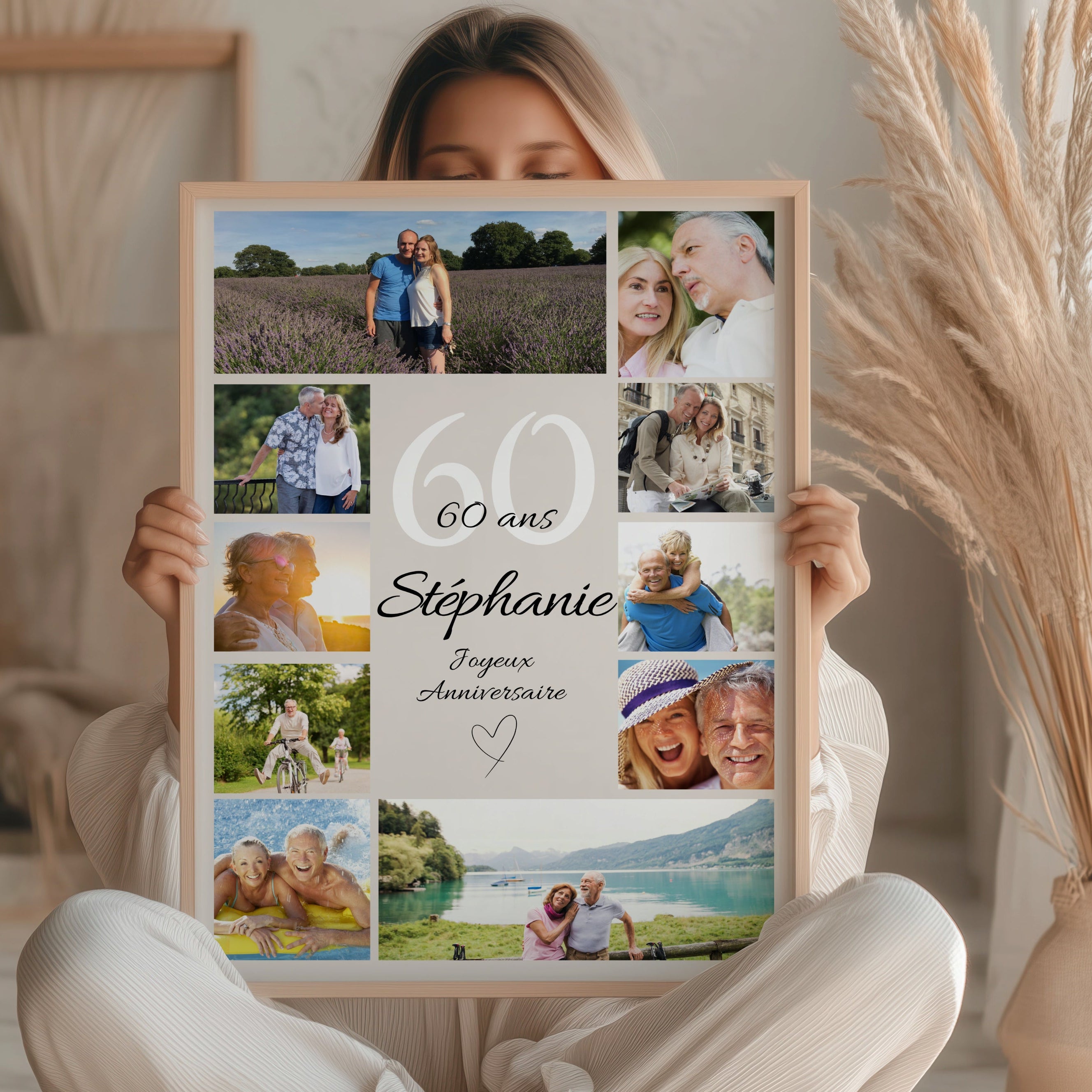Affiche 60 ans personnalisée pour femme avec photos souvenir, idée cadeau anniversaire originale et émouvante