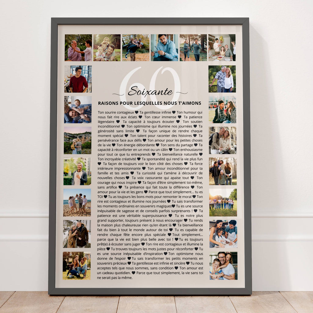 Affiche cadeau 60 ans homme personnalisé avec 60 raisons de t’aimer et photos souvenir en cadre noir