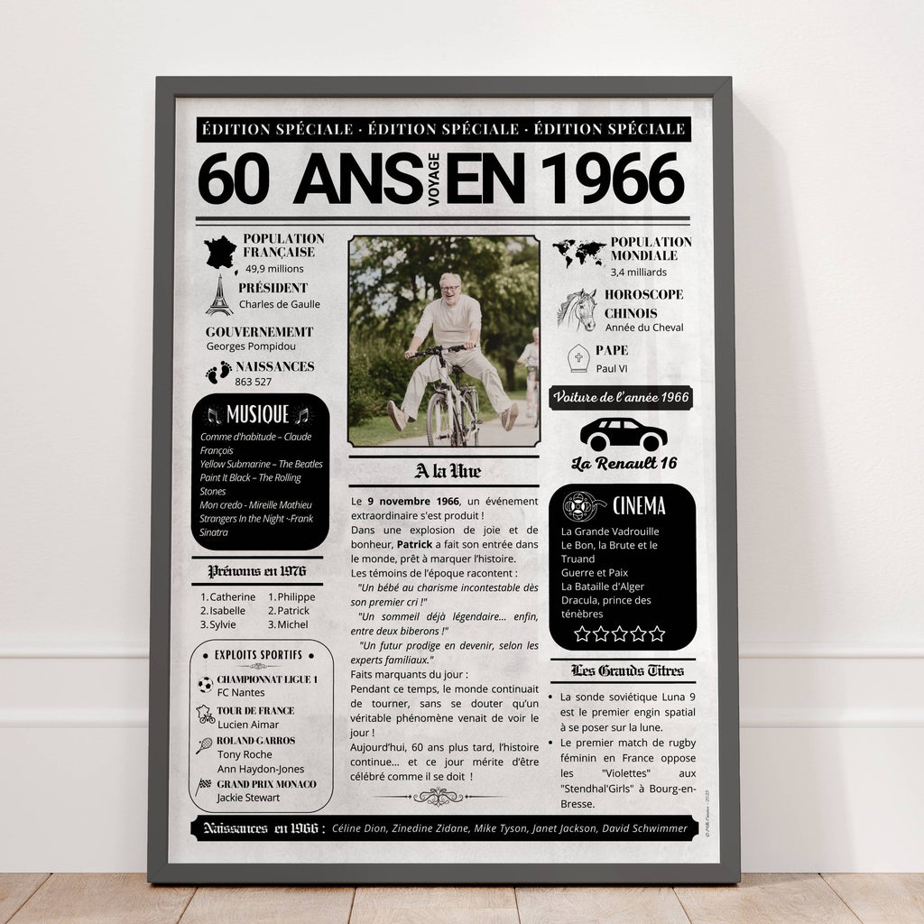 Affiche cadeau 60 ans homme personnalisée journal de l’année 1966 avec photo centrale style vintage