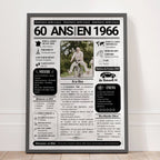 Affiche cadeau 60 ans homme personnalisée journal de l’année 1966 avec photo centrale style vintage