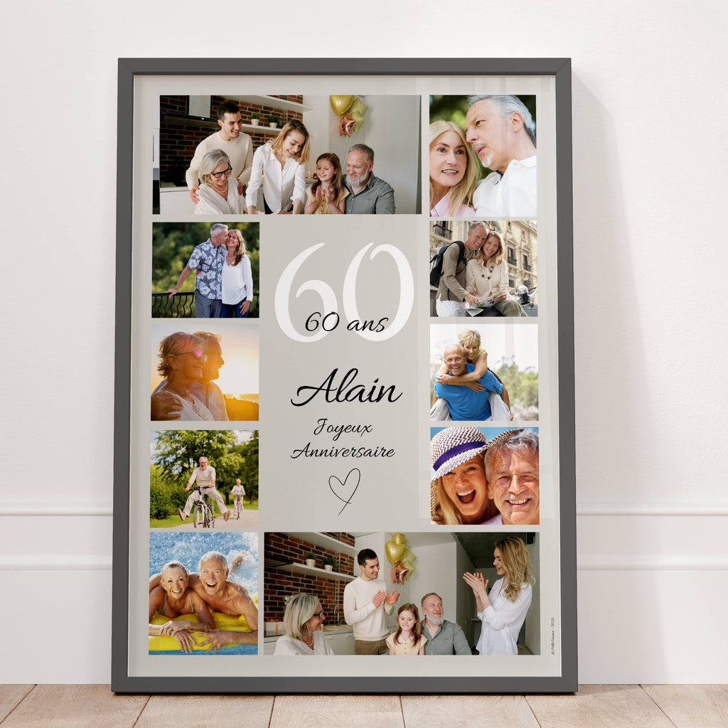 Cadeau 60 ans homme personnalisé avec photos, affiche anniversaire élégante et sobre
